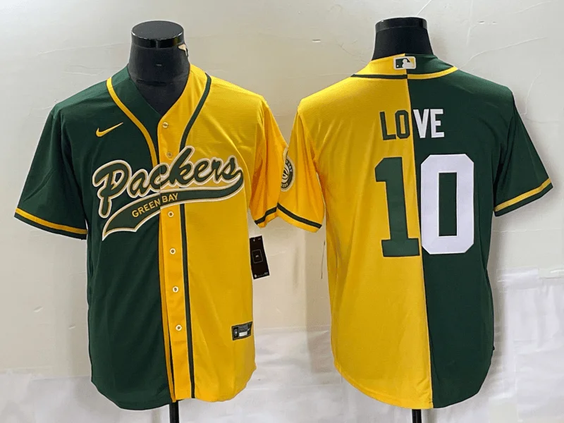 Baseball Jersey For Tournament Custom Orders-Men's Green Bay Packers #10 Jordan Love Green Yellow Split With Patch Cool Base Stitched Baseball Jersey