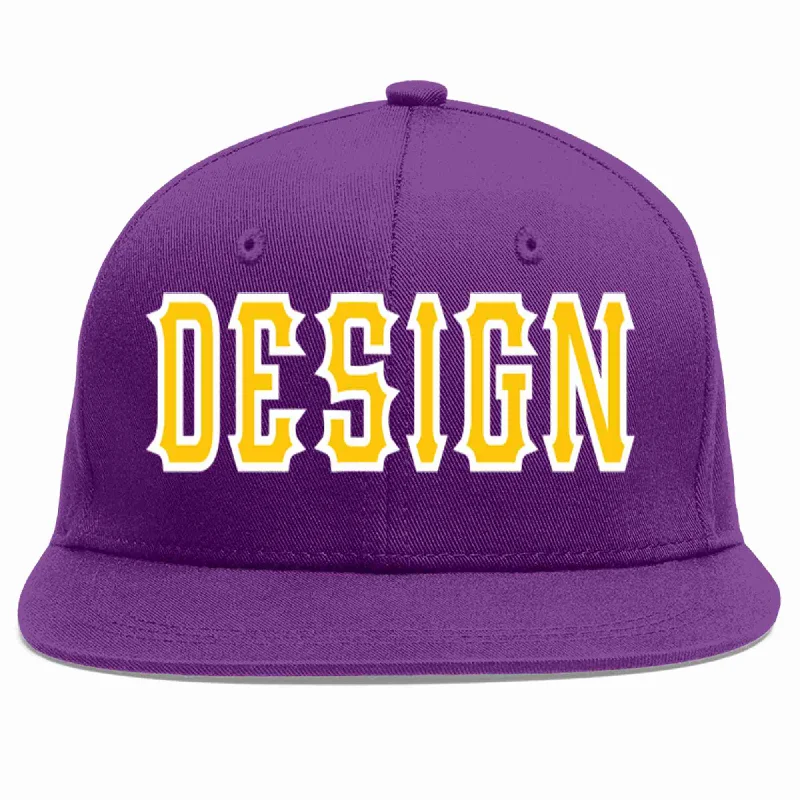 Baseball Cap With Custom Patches And Logos-Custom Purple Gold-White Flat Eaves Sport Baseball Cap Design for Men/Women/Youth