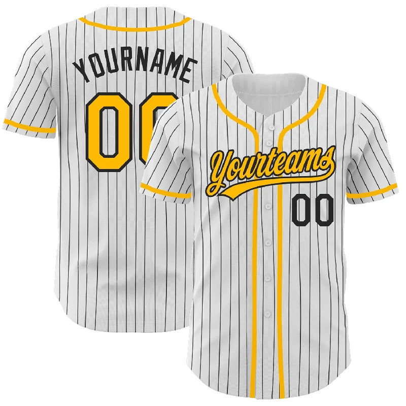 Baseball Jersey With Custom Player Numbers-Custom White Black Pinstripe Gold Authentic Baseball Jersey