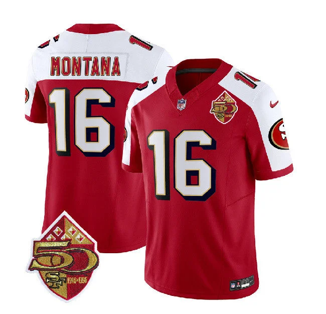 Football Jersey With Custom Color Options-Men's San Francisco 49ers #16 Joe Montana Red/White 2023 F.U.S.E. 50th Patch Throwback Football Stitched Jersey