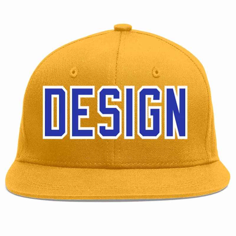 Baseball Cap For Seasonal Orders-Custom Gold Royal-White Flat Eaves Sport Baseball Cap Design for Men/Women/Youth