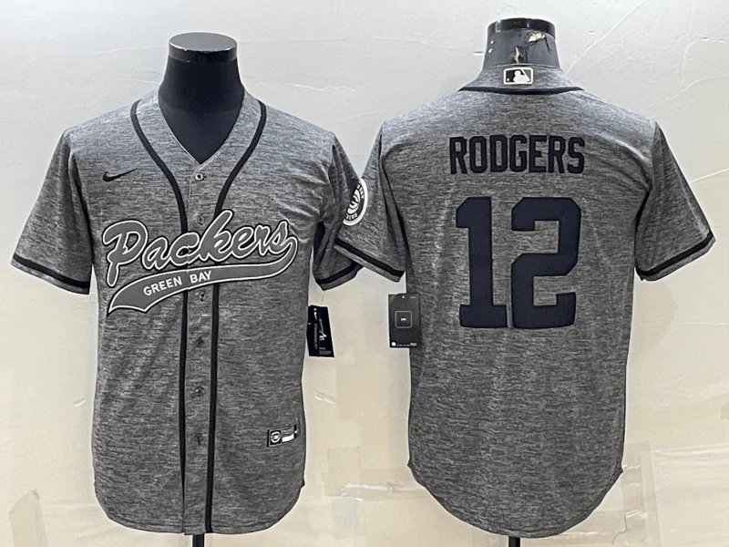 Baseball Jersey For Custom School Gear-Men's Green Bay Packers #12 Aaron Rodgers Grey Gridiron With Patch Cool Base Stitched Baseball Jersey