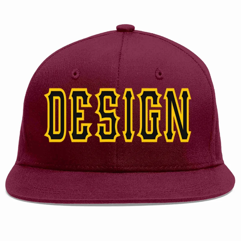 Baseball Cap With Custom Logo And Text-Custom Crimson Black-Gold Flat Eaves Sport Baseball Cap Design for Men/Women/Youth