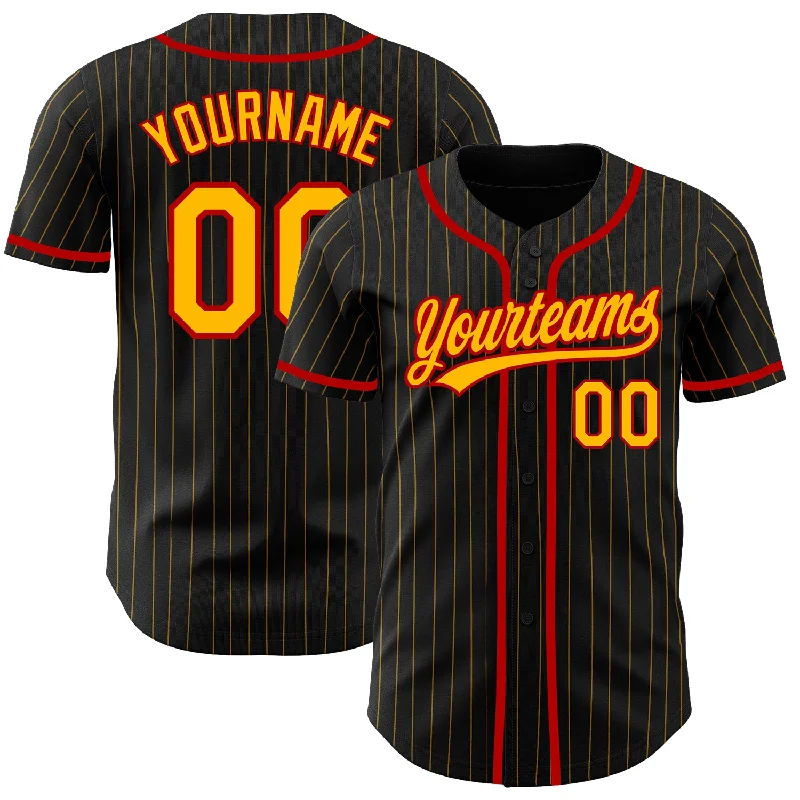 Baseball Jersey For College Customization-Custom Black Gold Pinstripe Gold-Red Authentic Baseball Jersey