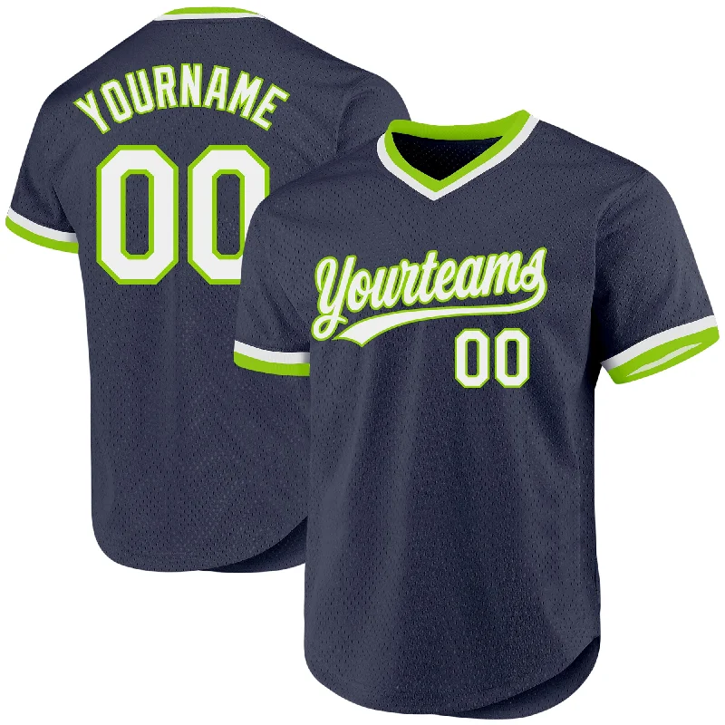 Baseball Jersey For Professional Game Merchandise-Custom Navy White-Neon Green Authentic Throwback Baseball Jersey