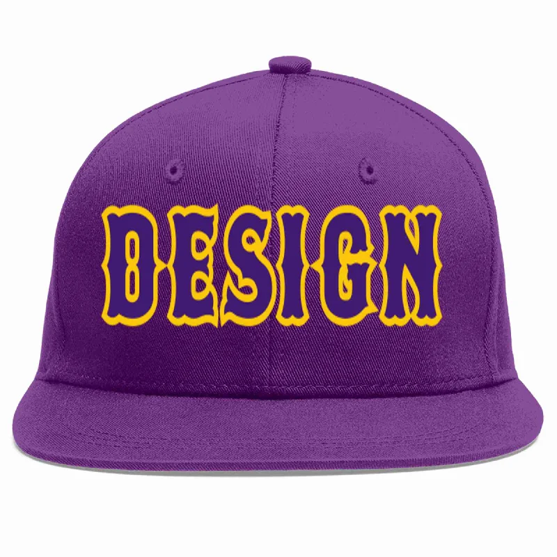 Baseball Cap For Personalized Event Gear-Custom Purple purple-Gold Flat Eaves Sport Baseball Cap Design for Men/Women/Youth