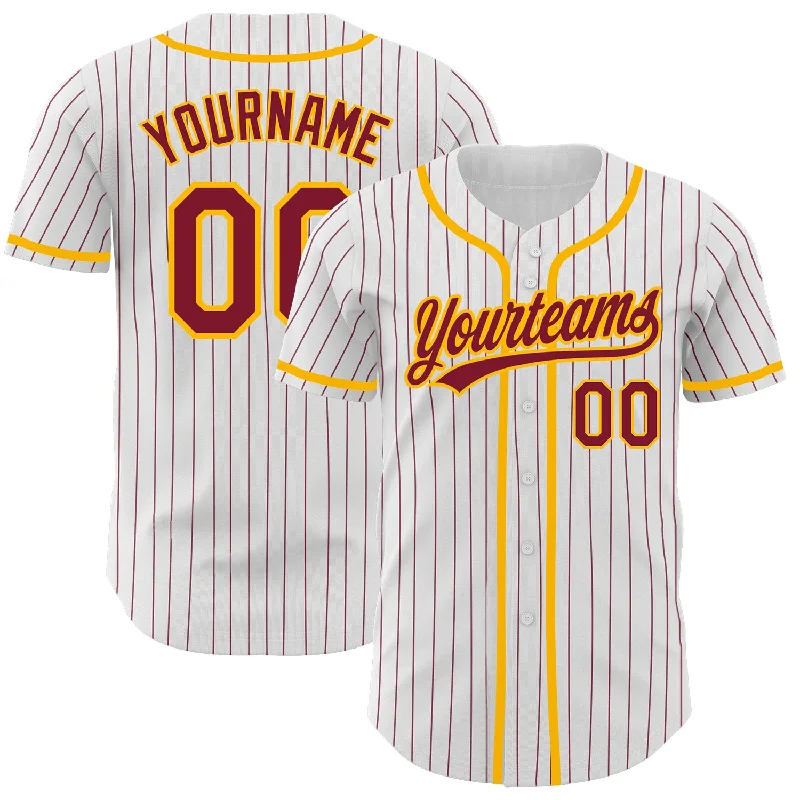 Baseball Jersey For Fan Apparel Customization-Custom White Crimson Pinstripe Crimson-Gold Authentic Baseball Jersey