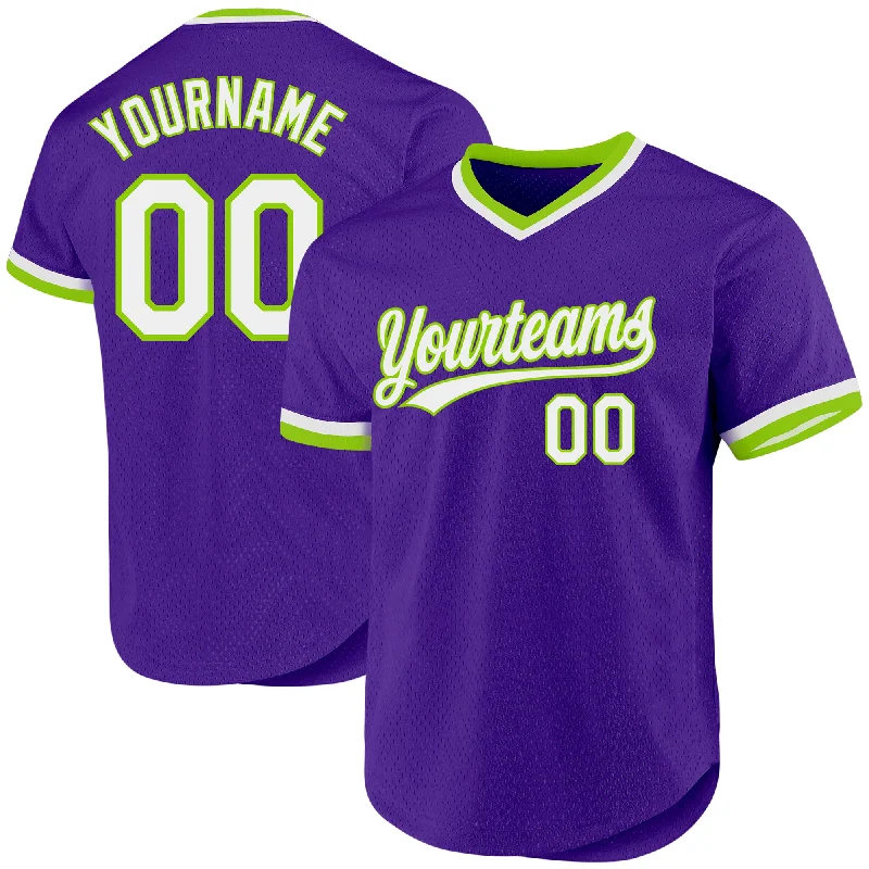 Baseball Jersey With Custom Text-Custom Purple White-Neon Green Authentic Throwback Baseball Jersey