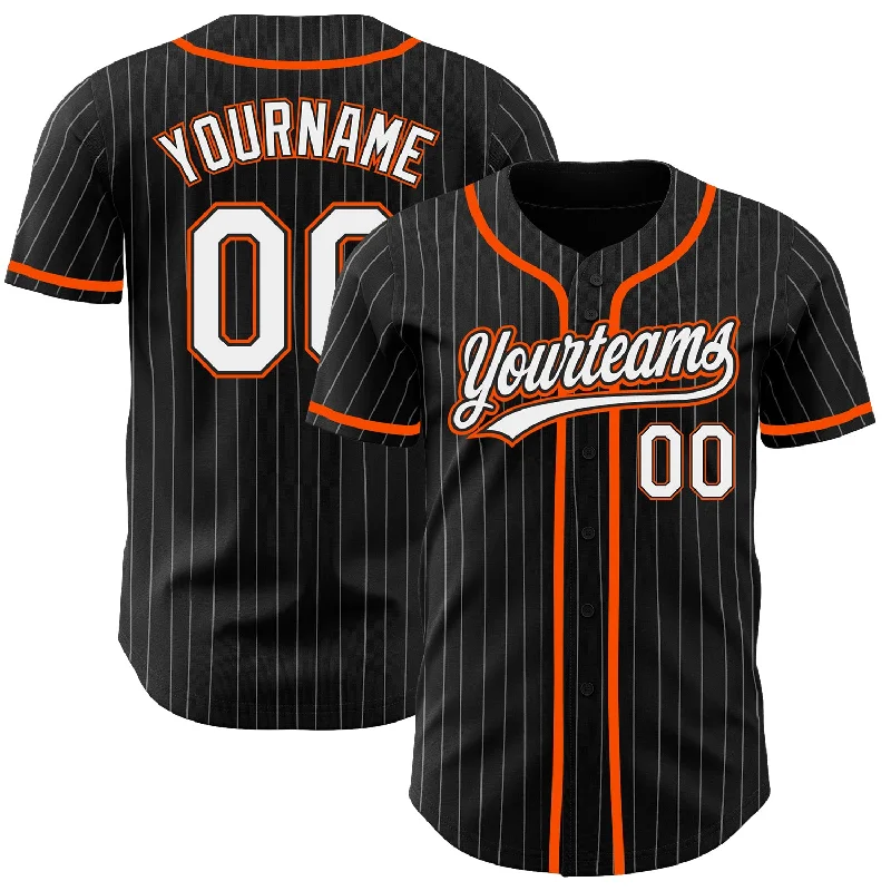 Baseball Jersey For Fans-Custom Black White Pinstripe White-Orange Authentic Baseball Jersey