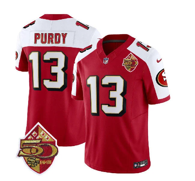 Football Jersey For Game Day-Men's San Francisco 49ers #13 Brock Purdy Red/White 2023 F.U.S.E. 50th Patch Throwback Football Stitched Jersey