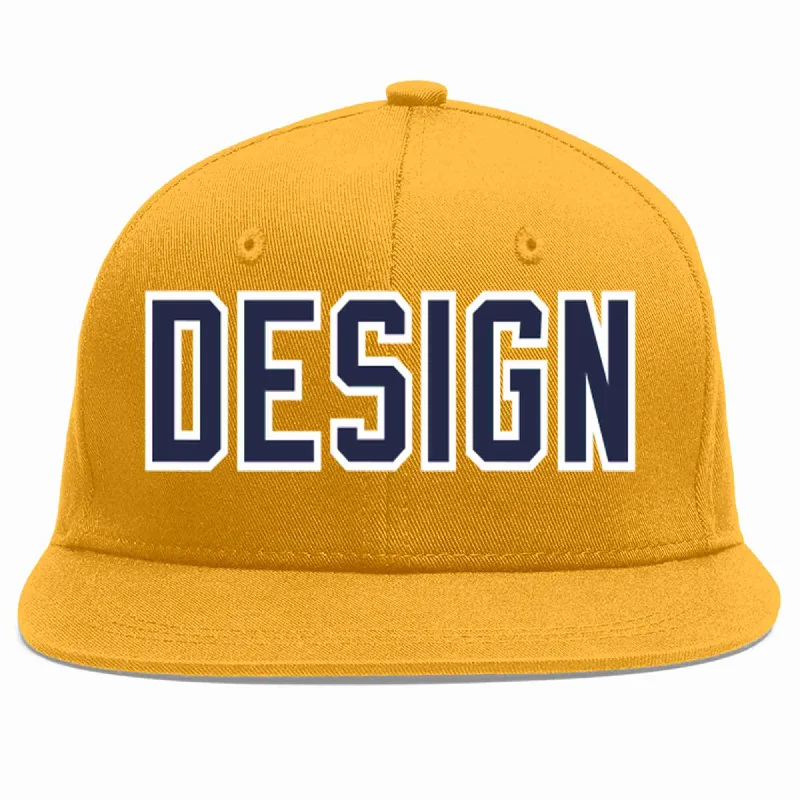 Baseball Cap With Custom Patch Designs-Custom Gold Navy-White Flat Eaves Sport Baseball Cap Design for Men/Women/Youth