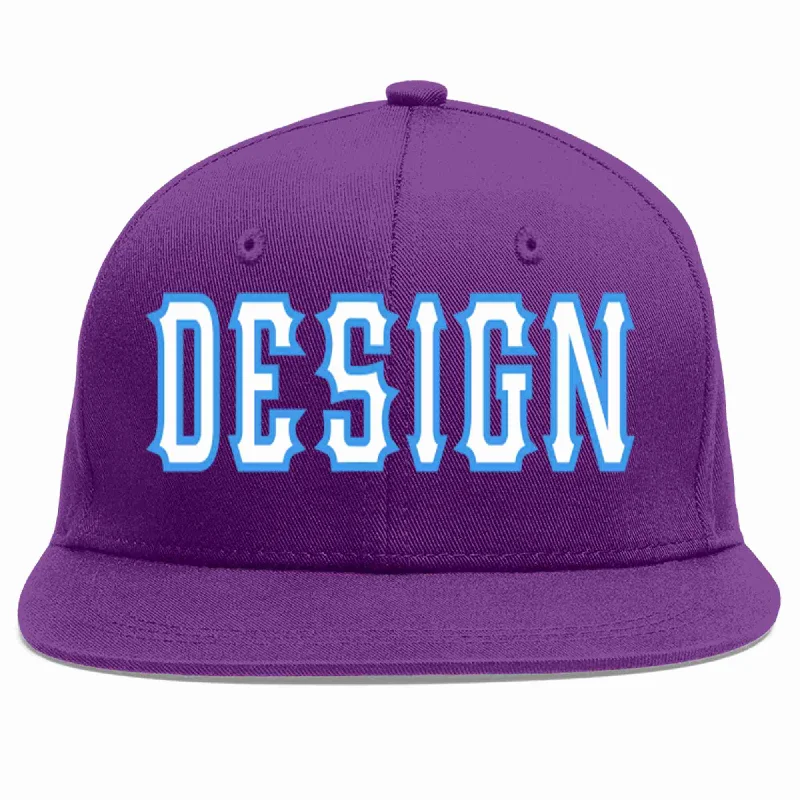 Baseball Cap With Custom Patch And Design-Custom Purple White-Powder Blue Flat Eaves Sport Baseball Cap Design for Men/Women/Youth