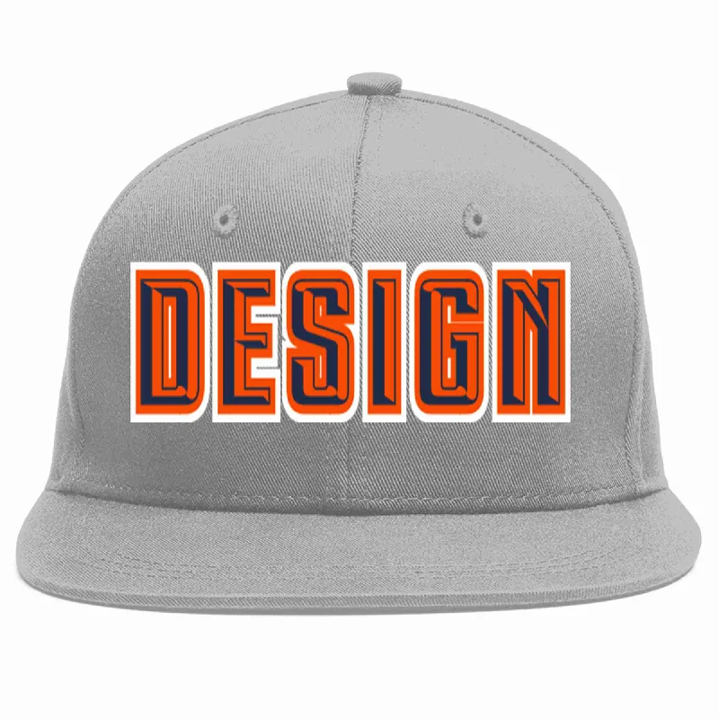 Baseball Cap For Group Fundraising-Custom Gray Navy-Orange Flat Eaves Sport Baseball Cap Design for Men/Women/Youth