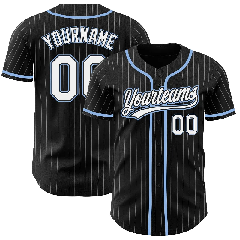 Baseball Jersey With Custom Logo-Custom Black White Pinstripe White-Light Blue Authentic Baseball Jersey