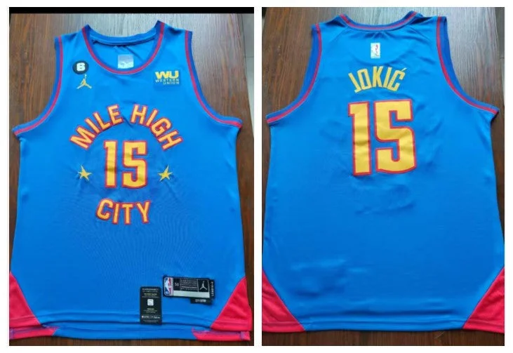 Basketball Jersey For Special Event Merchandise-Nuggets 15 Nikola Jokic Light Blue 2023 City Edition NO.6 Patch Swingman Basketball Jersey