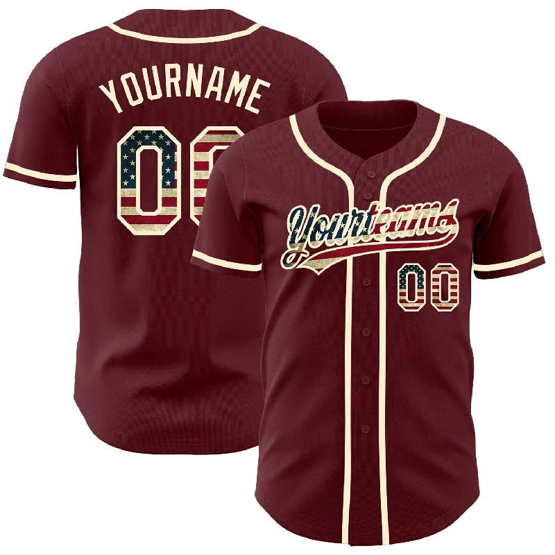 Baseball Jersey For Tournament Team Apparel-Custom Burgundy Vintage USA Flag-Cream Authentic Baseball Jersey