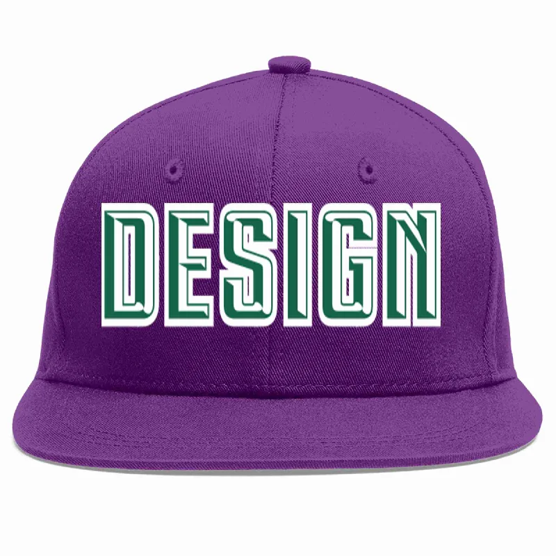 Baseball Cap For School Fundraising-Custom Purple Kelly Green-White Flat Eaves Sport Baseball Cap Design for Men/Women/Youth