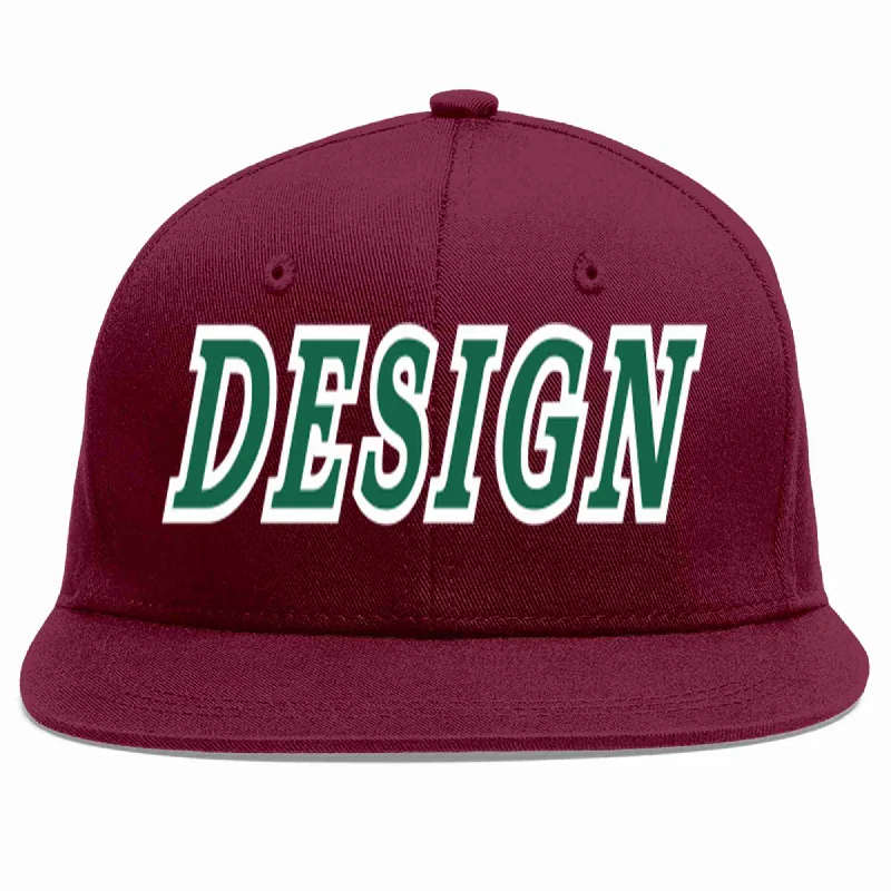 Baseball Cap With Custom Player Names-Custom Crimson Kelly Green-White Flat Eaves Sport Baseball Cap Design for Men/Women/Youth