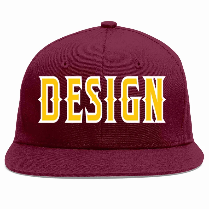 Baseball Cap With Player Name Embroidery-Custom Crimson Gold-White Flat Eaves Sport Baseball Cap Design for Men/Women/Youth