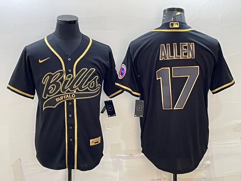 Baseball Jersey For Corporate Gifts-Men's Buffalo Bills #17 Josh Allen Black Gold With Patch Cool Base Stitched Baseball Jersey