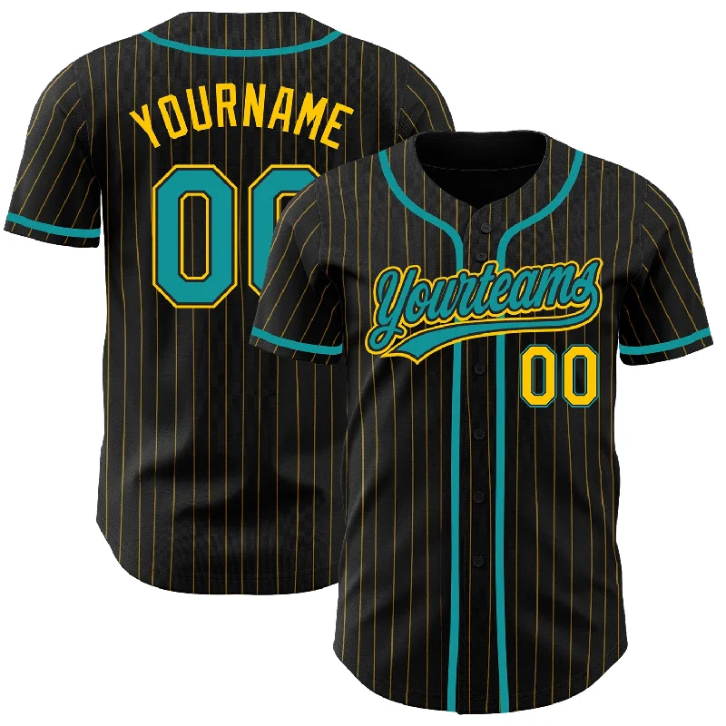 Baseball Jersey With Custom Fan Designs-Custom Black Yellow Pinstripe Teal Authentic Baseball Jersey