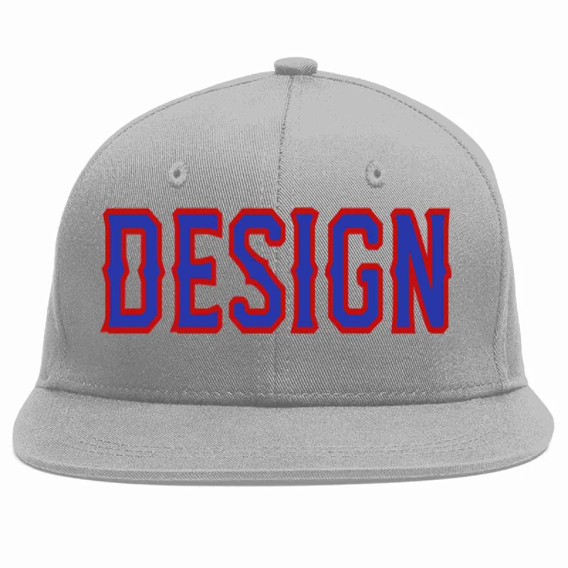 Baseball Cap For Youth Team Gear-Custom Gray Royal-Red Flat Eaves Sport Baseball Cap Design for Men/Women/Youth