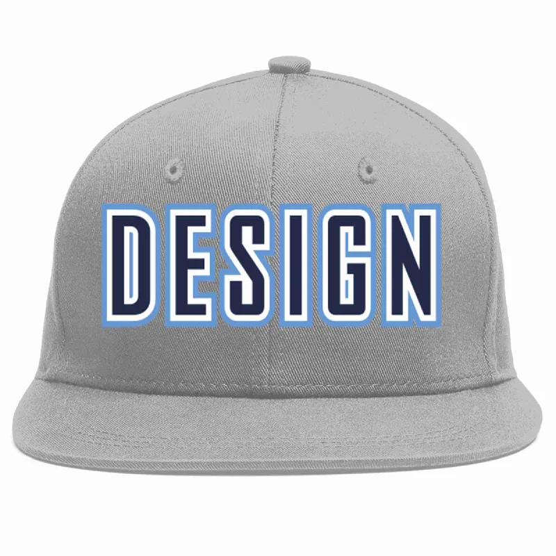 Baseball Cap With Custom Player Names-Custom Gray Navy-White Flat Eaves Sport Baseball Cap Design for Men/Women/Youth