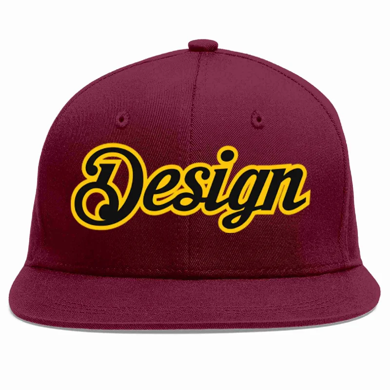 Baseball Cap For Baseball Game Merchandise-Custom Crimson Black-Gold Flat Eaves Sport Baseball Cap Design for Men/Women/Youth