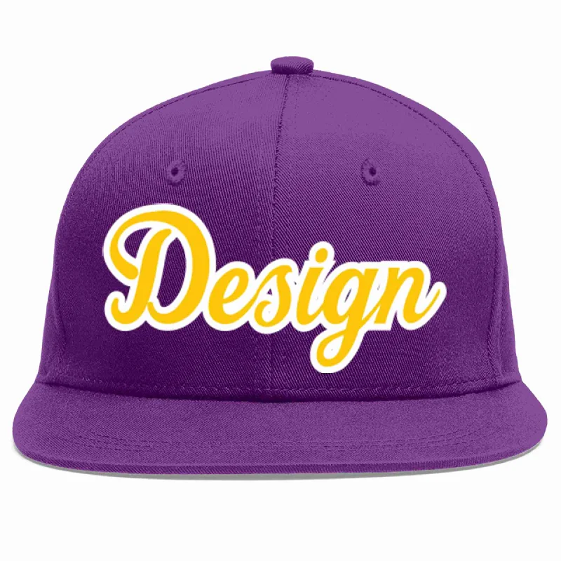 Baseball Cap For Custom League Orders-Custom Purple Gold-White Flat Eaves Sport Baseball Cap Design for Men/Women/Youth