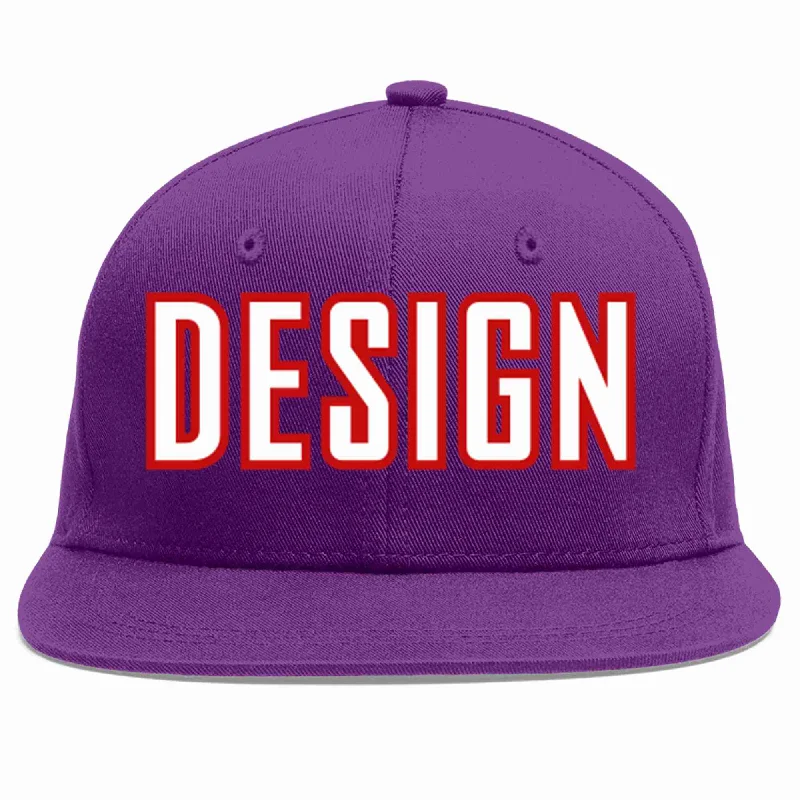 Baseball Cap For Sports Fans-Custom Purple White-Red Flat Eaves Sport Baseball Cap Design for Men/Women/Youth