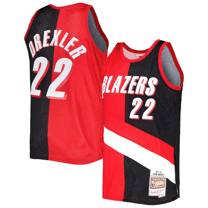 Basketball Jersey With Personalized Player Names-Clyde Drexler Portland Trail Blazers Hardwood Classics 1991/92 Split Swingman Basketball Jersey - Red/black