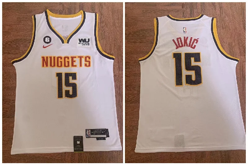 Basketball Jersey For Fundraising Campaigns-Nuggets 15 Nikola Jokic White 2023 City Edition NO.6 Patch Swingman Basketball Jersey