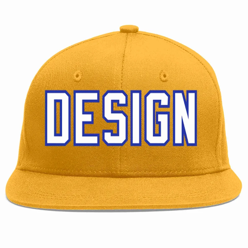 Baseball Cap For Custom Fan Apparel-Custom Gold White-Royal Flat Eaves Sport Baseball Cap Design for Men/Women/Youth