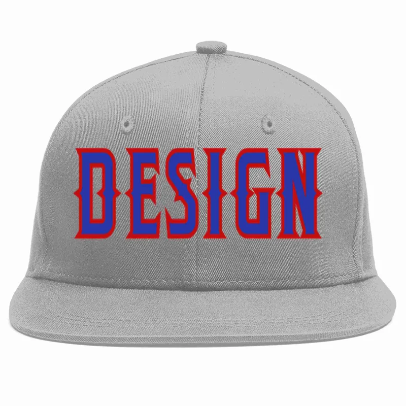 Baseball Cap With Custom Player Logos-Custom Gray Royal-Red Flat Eaves Sport Baseball Cap Design for Men/Women/Youth