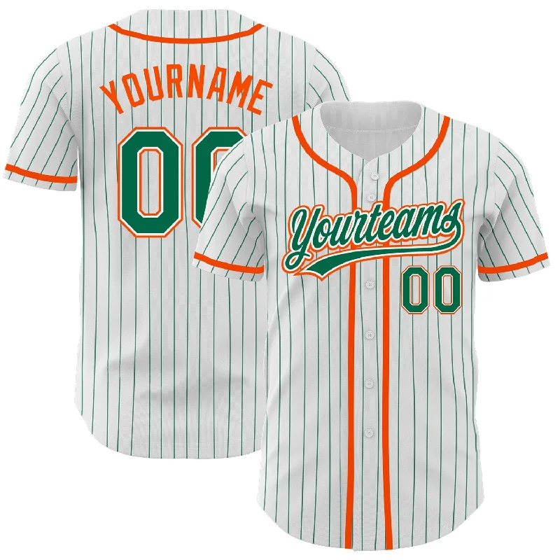 Baseball Jersey For Official League Merchandise-Custom White Kelly Green Pinstripe Kelly Green-Orange Authentic Baseball Jersey