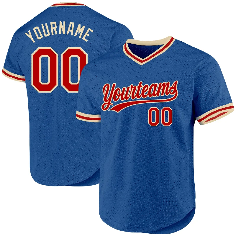 Baseball Jersey With Personalized Player Patches-Custom Blue Red-Cream Authentic Throwback Baseball Jersey