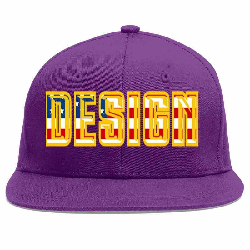 Baseball Cap For Sports Club Orders-Custom Purple Vintage USA Flag-Gold Flat Eaves Sport Baseball Cap Design for Men/Women/Youth