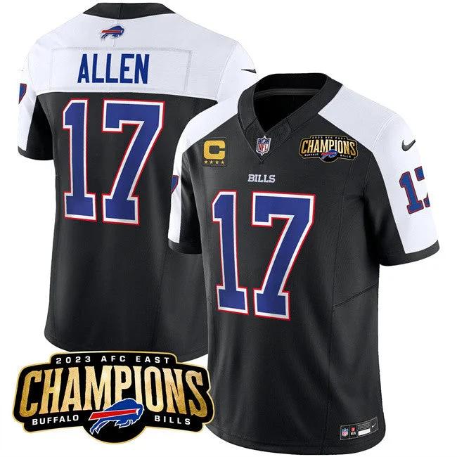 Football Jersey For Custom Team Portraits-Men's Buffalo Bills #17 Josh Allen Black/White 2023 F.U.S.E. AFC East Champions With 4-star C Ptach Football Stitched Jersey