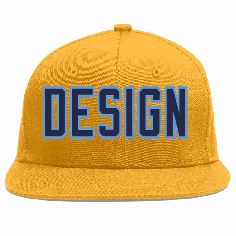 Baseball Cap For Exclusive Fan Gear-Custom Gold Navy-Light Blue Flat Eaves Sport Baseball Cap Design for Men/Women/Youth