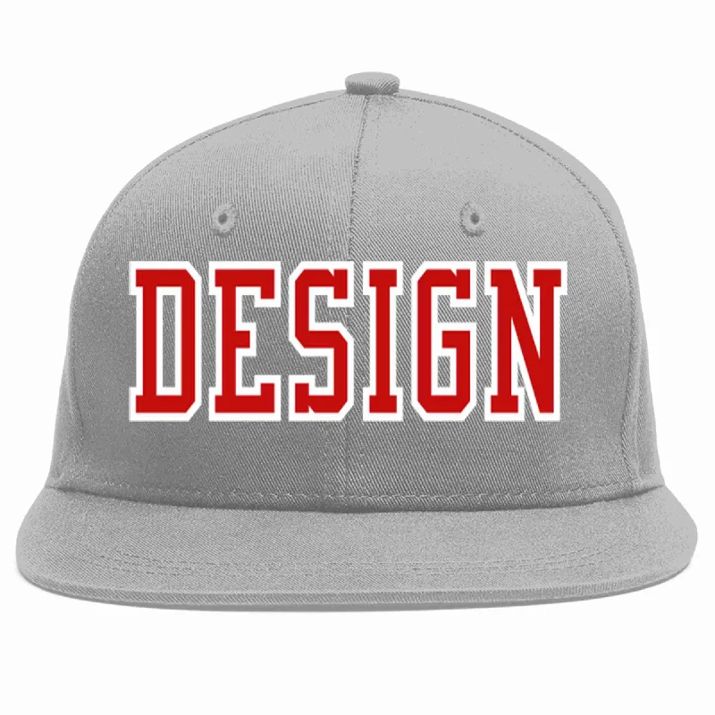 Baseball Cap With Player Numbering-Custom Gray Red-White Flat Eaves Sport Baseball Cap Design for Men/Women/Youth