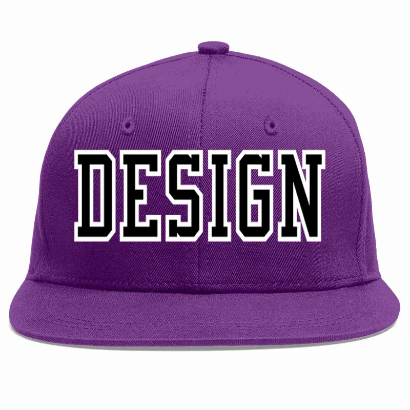 Baseball Cap For Game Day Apparel-Custom Purple Black-White Flat Eaves Sport Baseball Cap Design for Men/Women/Youth