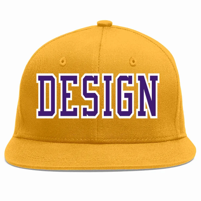 Baseball Cap For High-Quality Materials-Custom Gold purple-White Flat Eaves Sport Baseball Cap Design for Men/Women/Youth