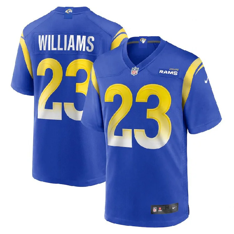 Football Jersey With Player Numbers For Sale-Men's Los Angeles Rams #23 Kyren Williams Royal Game Football Stitched Jersey