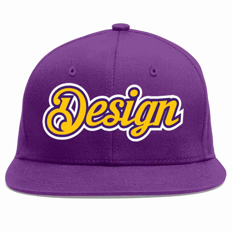 Baseball Cap For Sports Fundraisers-Custom Purple Gold-purple Flat Eaves Sport Baseball Cap Design for Men/Women/Youth