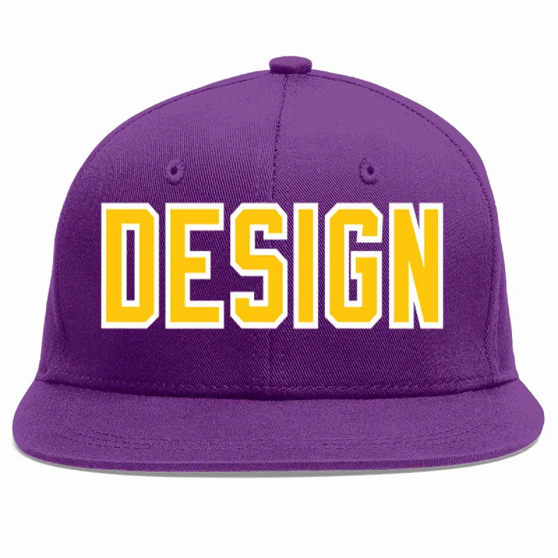 Baseball Cap For Fan Club Merchandise-Custom Purple Gold-White Flat Eaves Sport Baseball Cap Design for Men/Women/Youth