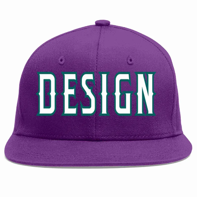 Baseball Cap For Custom Player Orders-Custom Purple White-Aqua Flat Eaves Sport Baseball Cap Design for Men/Women/Youth