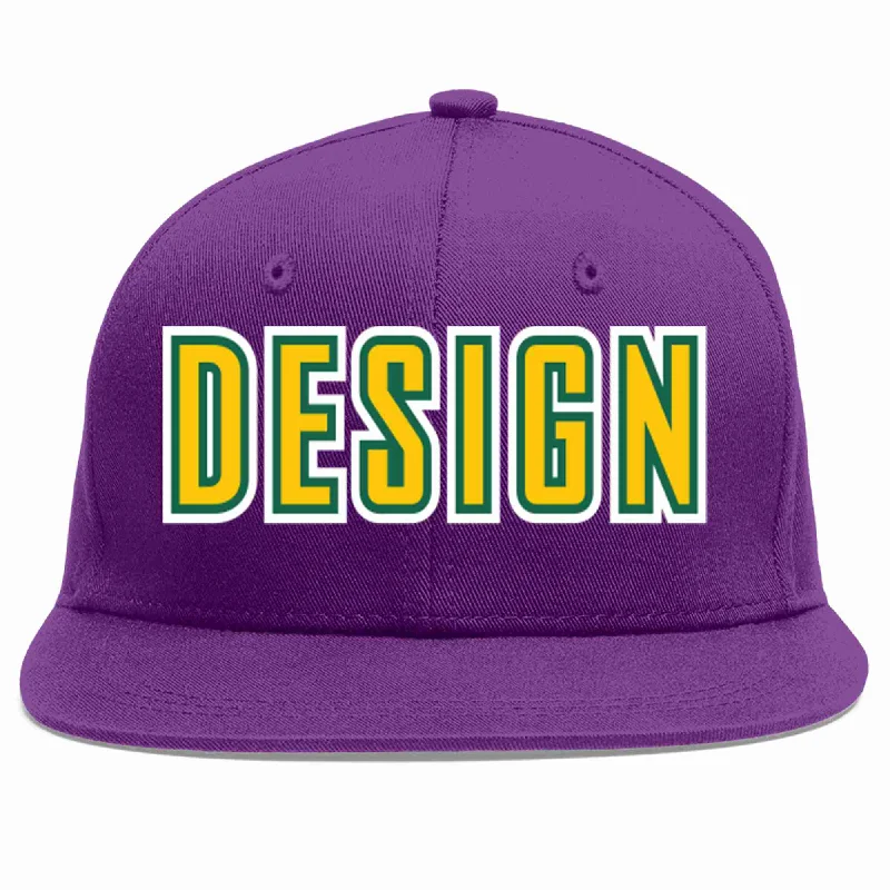 Personalized Baseball Cap-Custom Purple Gold-Kelly Green Flat Eaves Sport Baseball Cap Design for Men/Women/Youth