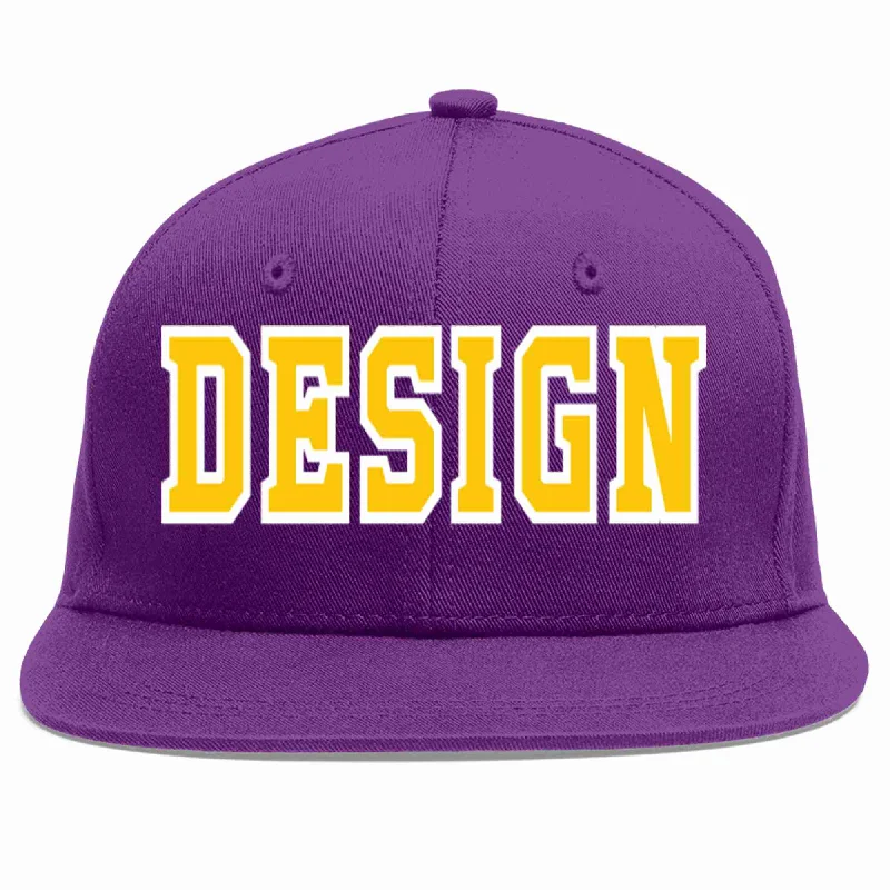 Baseball Cap For Outdoor Gear-Custom Purple Gold-White Flat Eaves Sport Baseball Cap Design for Men/Women/Youth