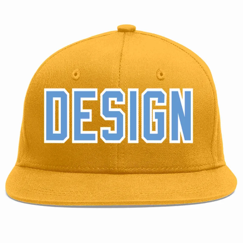 Baseball Cap With Special Occasion Customization-Custom Gold Light Blue-White Flat Eaves Sport Baseball Cap Design for Men/Women/Youth