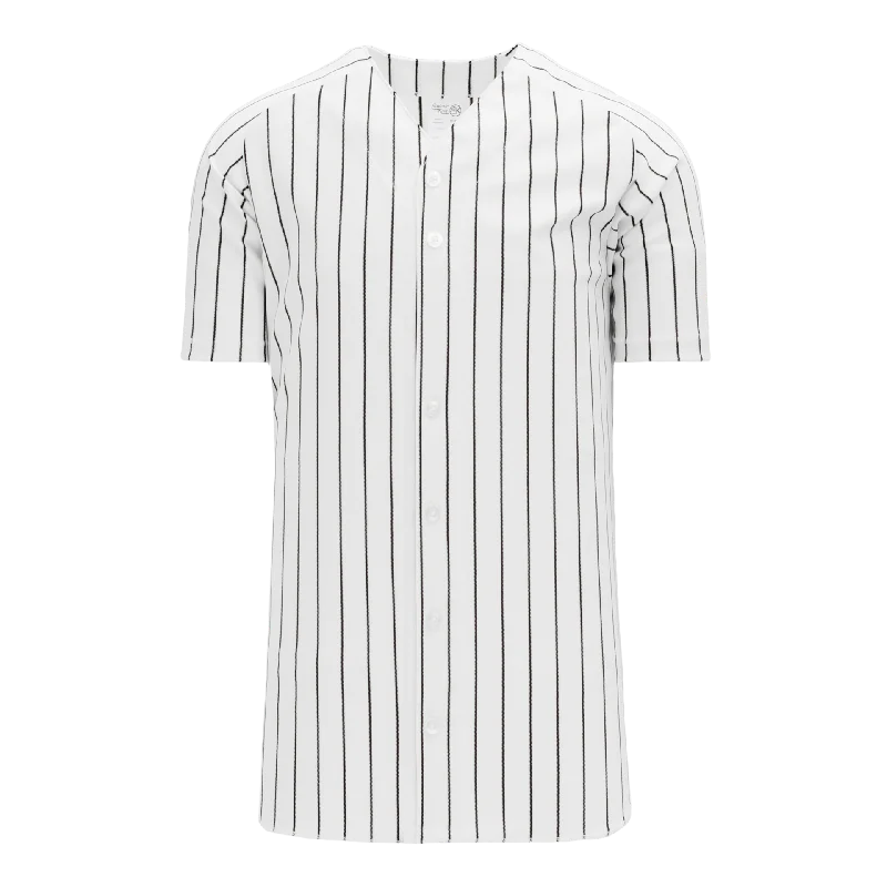 Baseball Jersey With Player Names-Athletic Knit (AK) BA524A-222 Adult White/Black Pinstripe Full Button Baseball Jersey